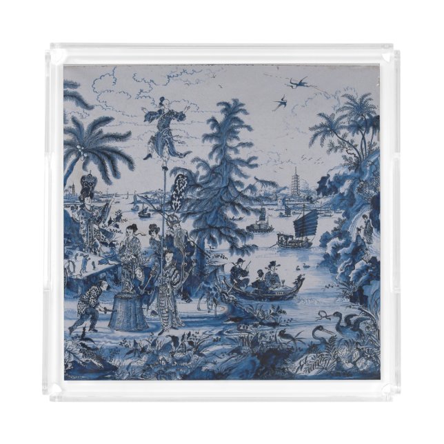 Repro Chinoiserie  Delft Blue and White Tile  Acrylic Tray (Front)