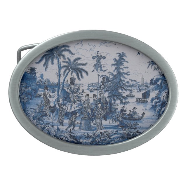 Repro Chinoiserie  Delft Blue and White Tile  Belt Buckle (Front)