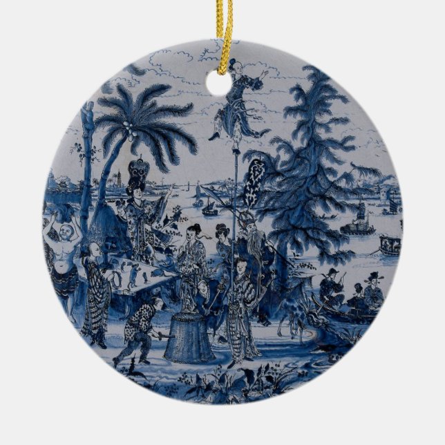 Repro Chinoiserie  Delft Blue and White Tile  Ceramic Ornament (Front)
