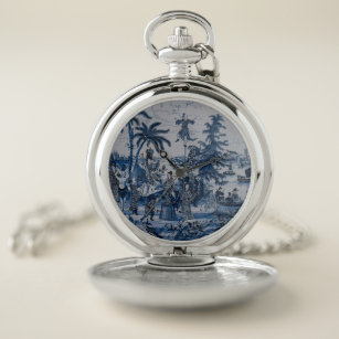 Repro Chinoiserie  Delft Blue and White Tile  Pocket Watch
