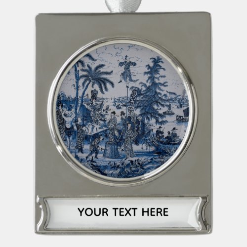Repro Chinoiserie  Delft Blue and White Tile  Silver Plated Banner Ornament