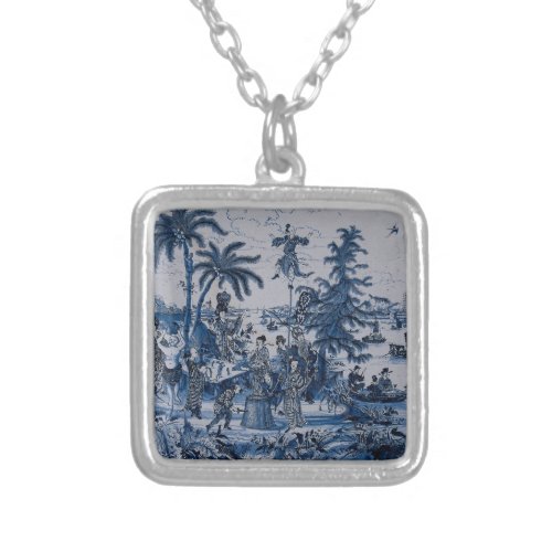 Repro Chinoiserie  Delft Blue and White Tile  Silver Plated Necklace