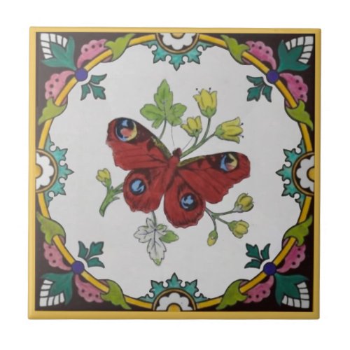 Repro Colorful 1870s Minton Peacock Butterfly Ceramic Tile