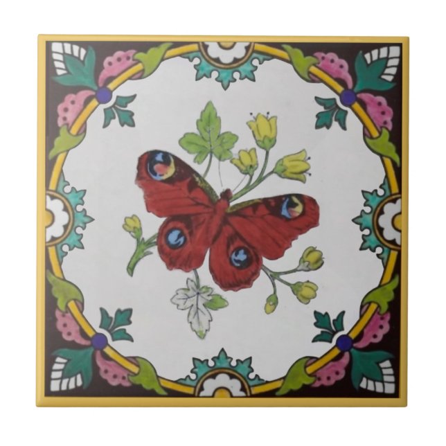 Repro Colorful 1870s Minton Peacock Butterfly Ceramic Tile (Front)