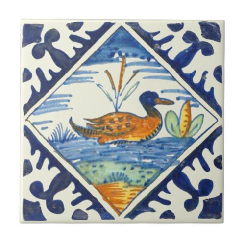 Repro Colorful Antique Dutch Delft Duck Scene Ceramic Tile