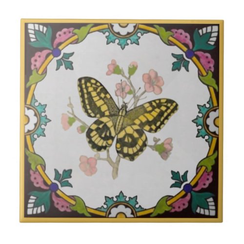 Repro Colorful Bordered Minton Yellow Butterfly Ceramic Tile