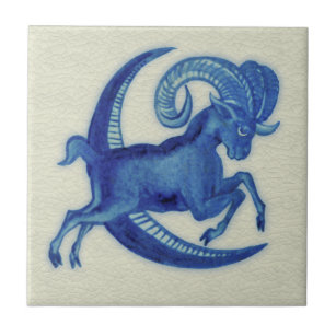Repro De Morgan Blue Goat Jumping over Moon Ceramic Tile