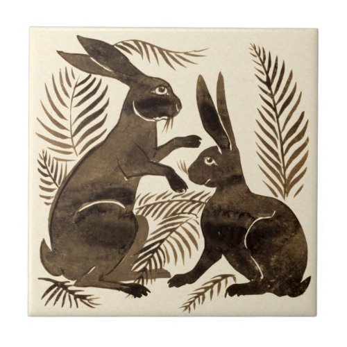 Repro De Morgan Pair of Chocolate Rabbits Ceramic Tile