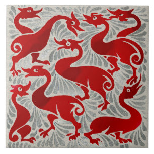 Repro De Morgan Red Lustre+Silver Fantastic Ducks Ceramic Tile