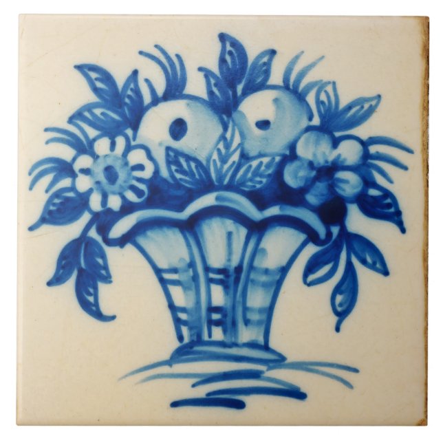 Repro Deftware Bouquet Flowers Vase Blue Delft Ceramic Tile (Front)