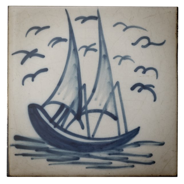 Repro Deftware Ship Sail Boat Blue Delft  Tile (Front)