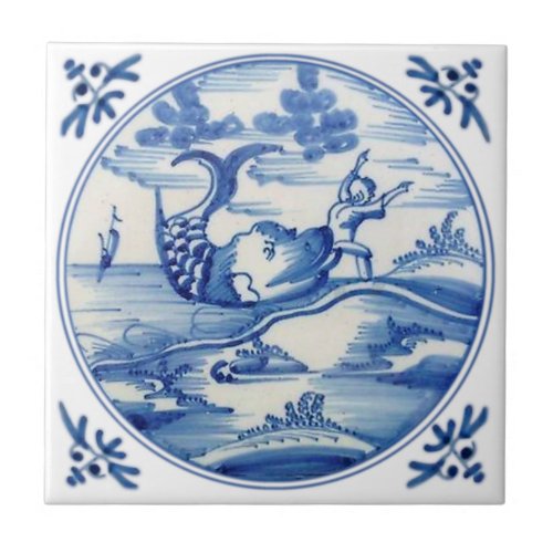 Repro Delft Biblical Jonah and the Whale 1700s Ceramic Tile