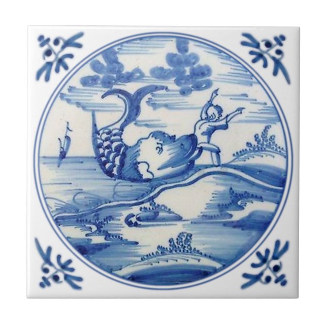 Repro Delft Biblical Jonah and the Whale 1700s Ceramic Tile (Front)