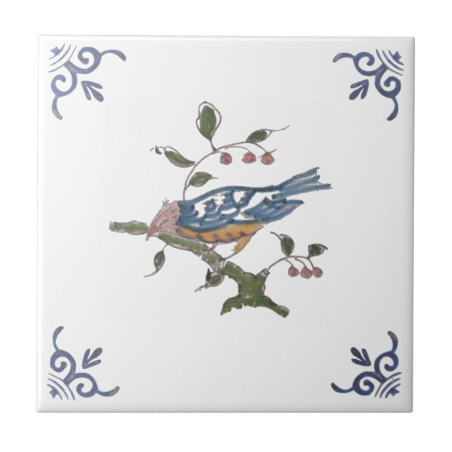 Repro Delft Bird on Branch w/Berries on White Tile (Front)