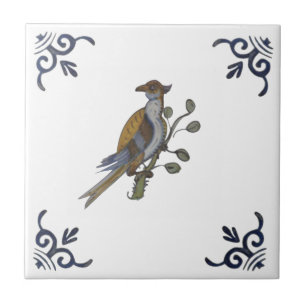 Repro Delft Bird on Branch w/Berries on White Tile