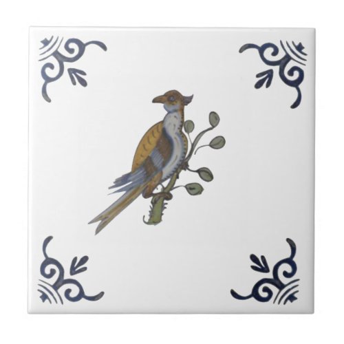 Repro Delft Bird on Branch wBerries on White Tile