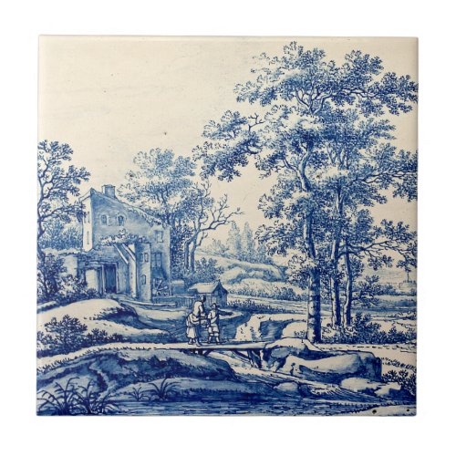 Repro Delft Blue and White Tile River Scene