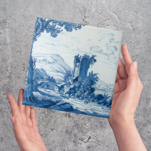 Repro Delft Blue and White Tile River Scene (vintage blue and white Delft tiles )