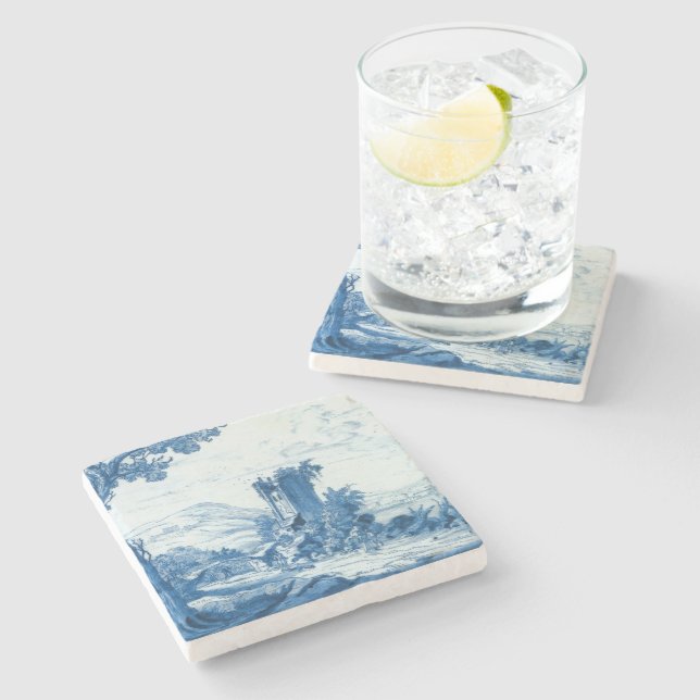 Repro Delft Blue and White Tile River Scene Stone Coaster (Side)