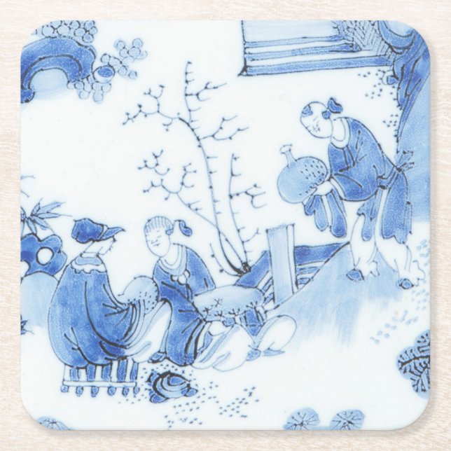 Repro Delft Tile Blue Chinoiserie Square Paper Coaster (Front)