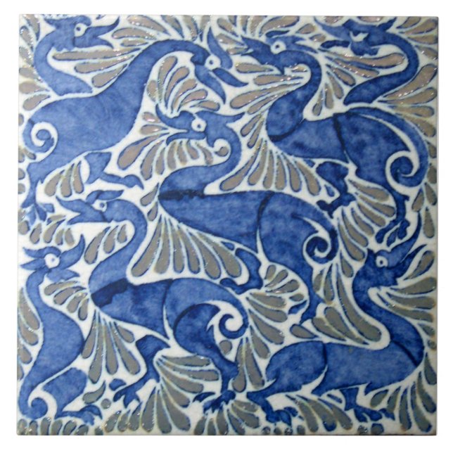 Repro Edwardian Art Nouveau Blue Ducks Tile (Front)