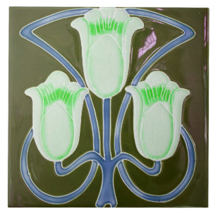 Repro Edwardian Art Nouveau Green Tulip Floral Ceramic Tile