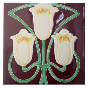 Repro Edwardian Art Nouveau Red Tulip Floral Ceramic Tile