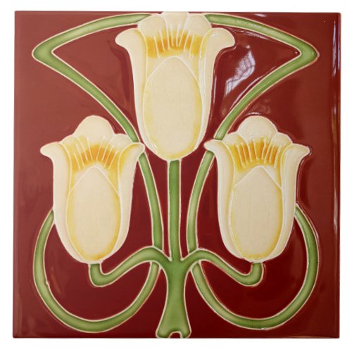 Repro Edwardian Art Nouveau Red Tulip Floral Tile