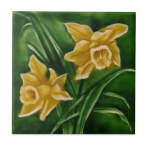 Repro Faux Relief Daffodils on Dark Green Ceramic Tile