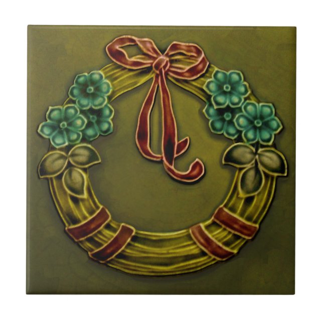 Repro Faux Relief Floral on Straw Wreath Majolica Ceramic Tile (Front)