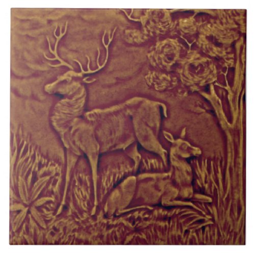 Repro Faux Relief Molded Antique Deer Doe Stag Ceramic Tile