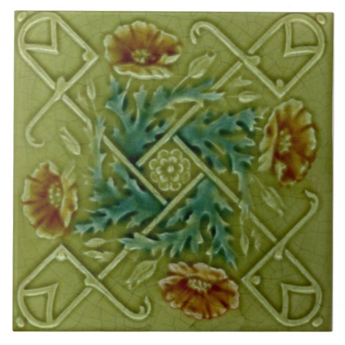 Repro Faux Relief Molded Floral Trellis Majolica Ceramic Tile