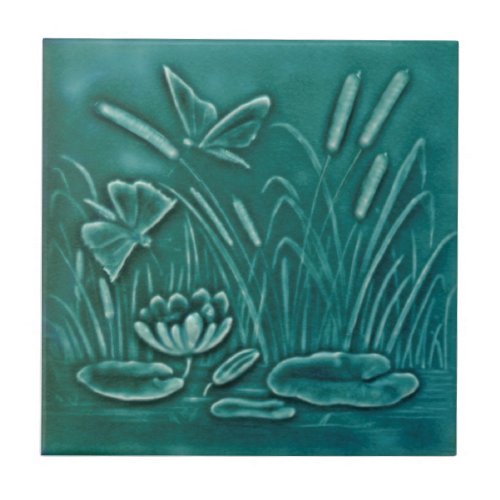 Repro Faux Relief Molded Marsh Lily Pond Butterfly Ceramic Tile