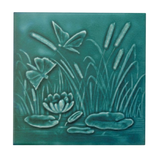 Repro Faux Relief Molded Marsh Lily Pond Butterfly Ceramic Tile (Front)