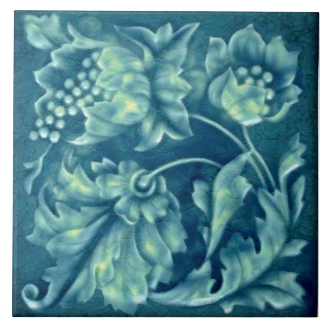 Repro Faux Relief Peacock Aqua Majolica Floral Ceramic Tile (Front)