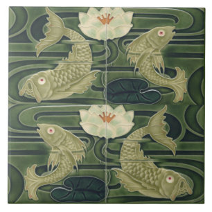 Repro German Art Nouveau Jugendstil Pond Fish Ceramic Tile