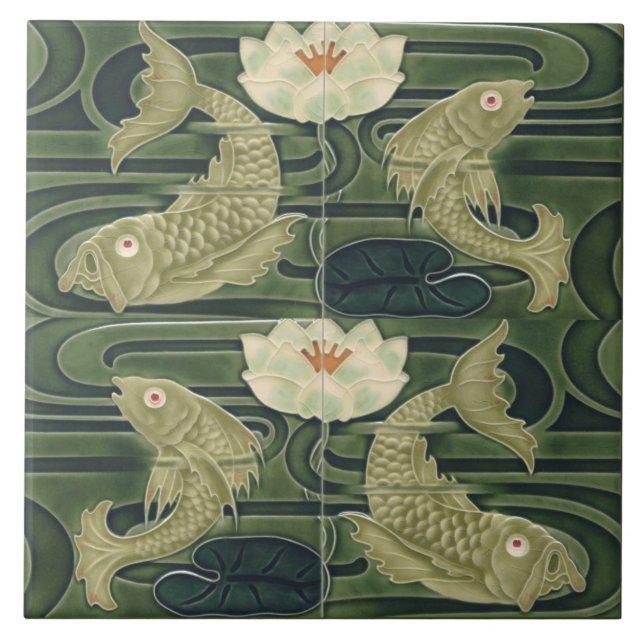 Repro German Art Nouveau Jugendstil Pond Fish Ceramic Tile (Front)
