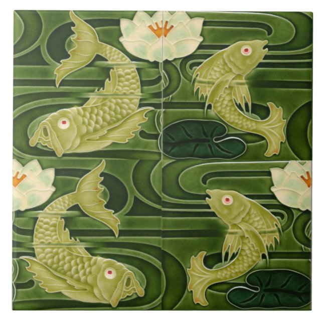 Repro German Art Nouveau Jugendstil Pond Fish Ceramic Tile (Front)
