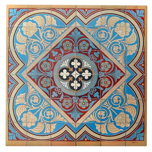 Repro German Geometric Art Nouveau Jugendstil blue Ceramic Tile (Front)
