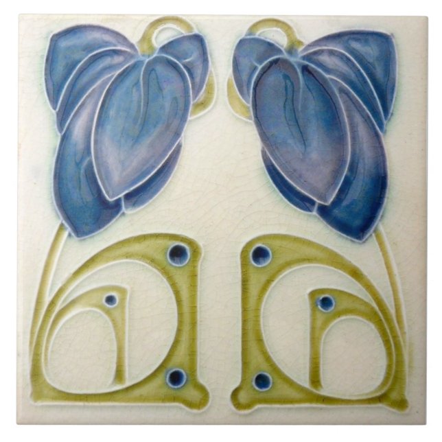 Repro German Jugendstil Art Nouveau Blue Floral Ceramic Tile (Front)