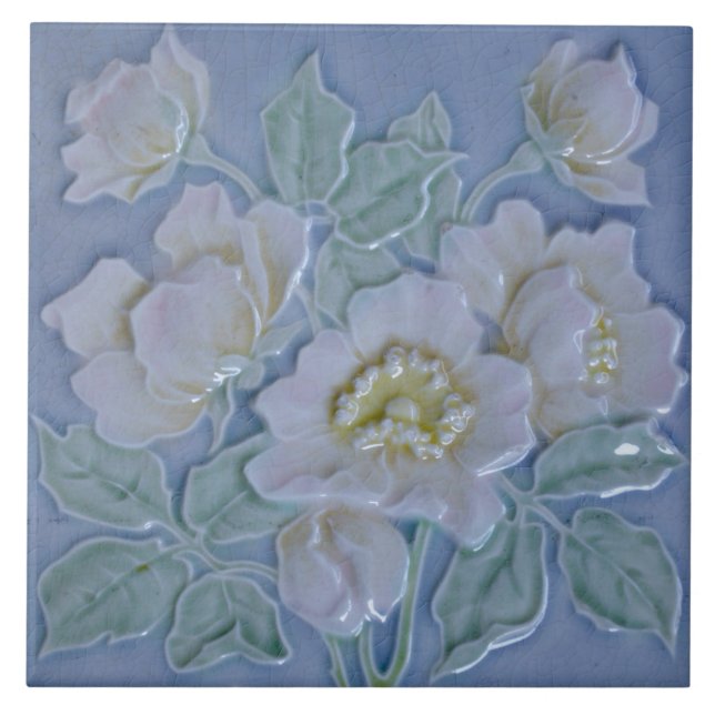 Repro German Majolica Blue White Floral Art Ceramic Tile (Front)