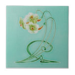 Repro Graceful Henry Richards Art Nouveau Nacissus Ceramic Tile<br><div class="desc">This tile is reproduced from an original made by The Henry Richards Tile Company in the early 1900s. It features three narcissus flowers nodding at the end of curved green whiplash stems against an aqua background. The flowers are accented with lime green and a slightly burnt orange. (We also have...</div>