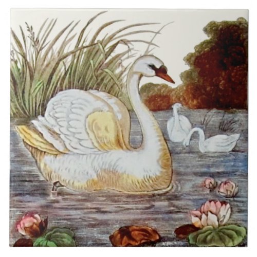 Repro hand_colored Victorian Swan Transferware Ceramic Tile