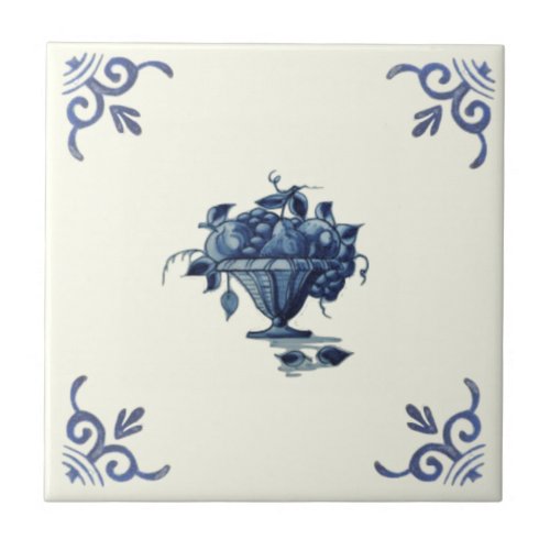 Repro Handpainted Antique Blue White Fruit Basket Ceramic Tile