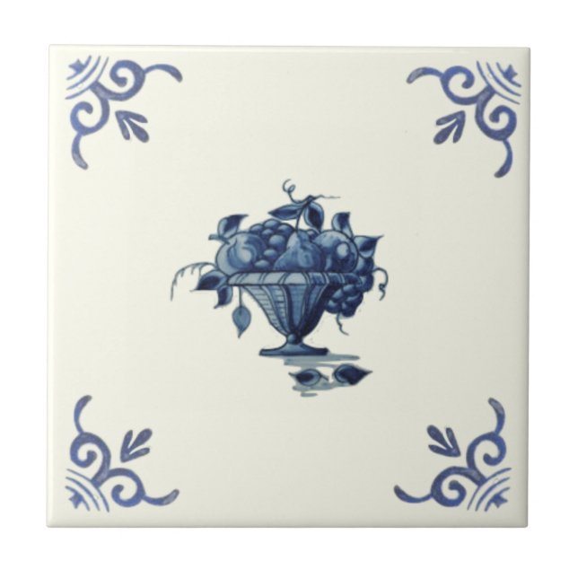 Repro Handpainted Antique Blue White Fruit Basket Ceramic Tile (Front)