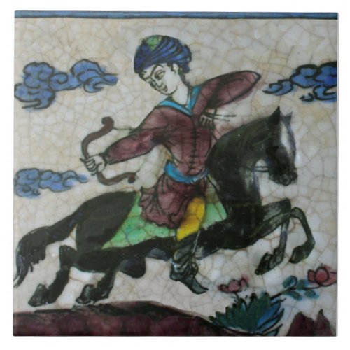 Repro Handpainted Antique Persian Horseman Ceramic Tile