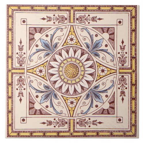 Repro Intricate Victorian Sunflower Transferware Ceramic Tile