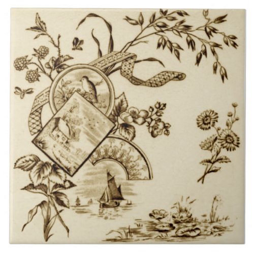 Repro Late 1800s Asian Aesthetic Sepia Victorian Ceramic Tile