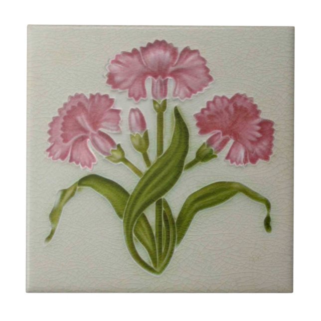 Repro Meakin Art Nouveau Pinks Carnations Floral Ceramic Tile (Front)