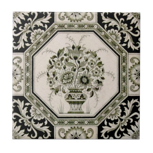 Repro Minton Black  Cream Aesthetic Floral Print Ceramic Tile